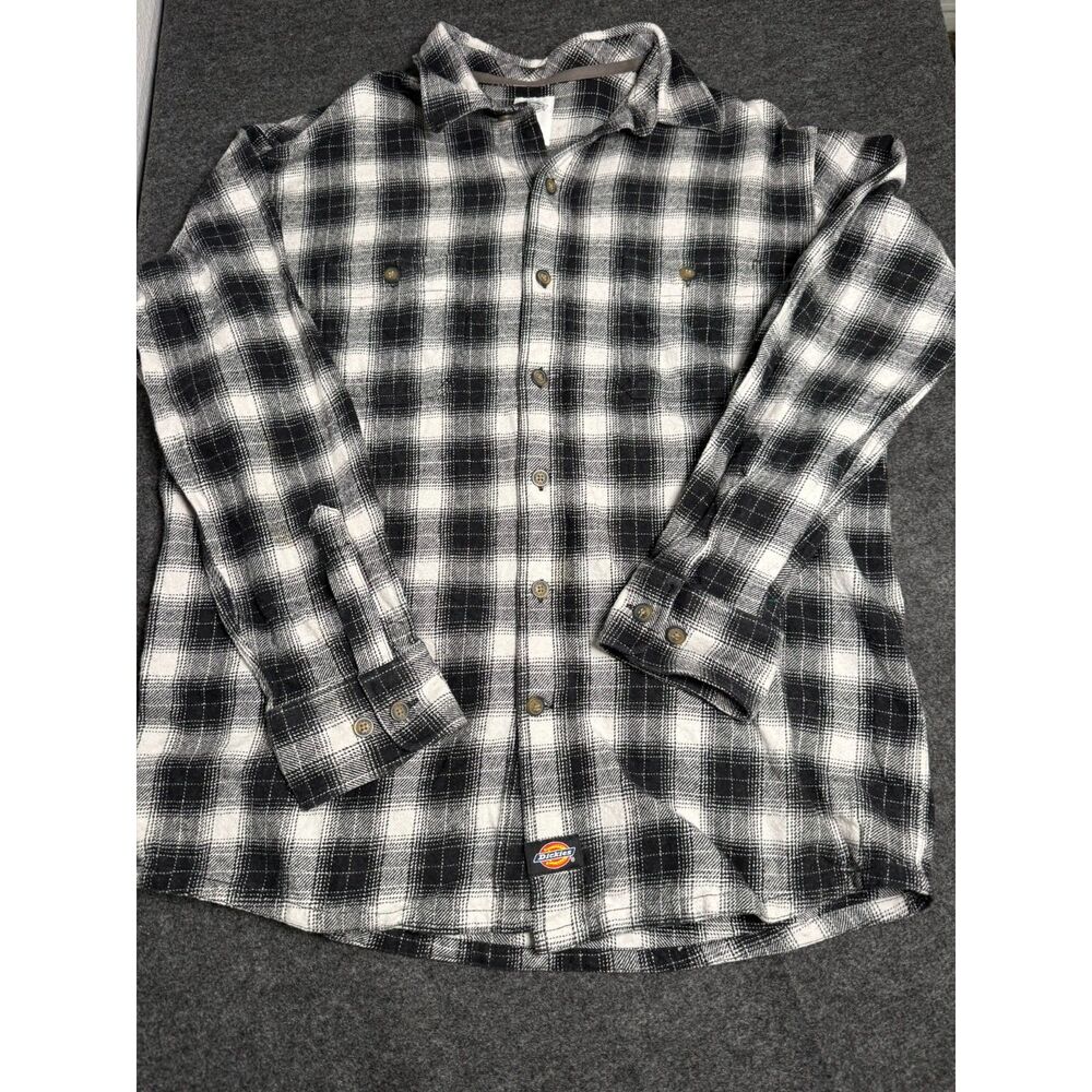 Dickies Men's Large Plaid Flannel Work Shirt Gray/Black/Gray/White Cotton